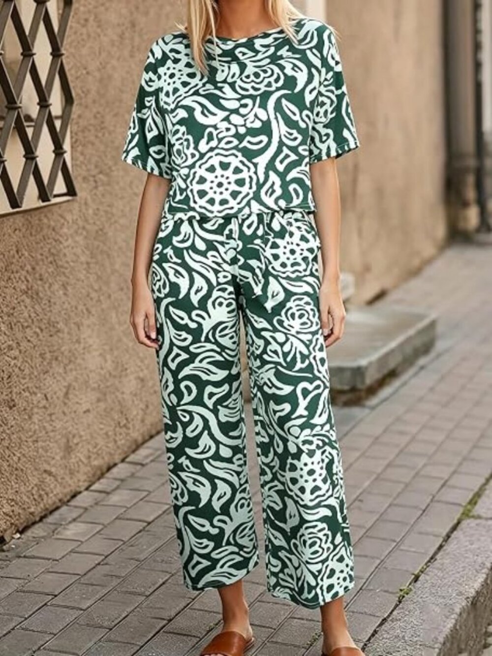 Crew Neck Short Sleeve Floral Scroll Print, Flowy Wide Leg Two Piece